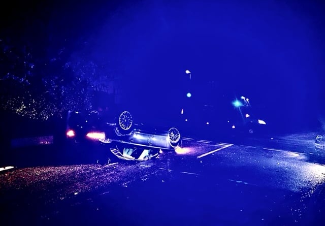 A car overturned after hitting a lamppost in Upper Hale Road, Farnham, in the early hours of Friday, September 22