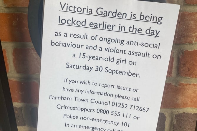 A sign on the entrance to Victoria Garden explains why the garden is currently closed out of school hours