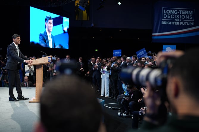 Image ©Licensed to Parsons Media. 04/10/2023. Manchester, United Kingdom. The Conservative Party Conference 2023 - Day Four. Convention Complex. Prime Minister Rishi Sunak delivers his speech to the Conservative Party Conference in Manchester. Picture by Dominic Lipinski CCHQ / Parsons Media