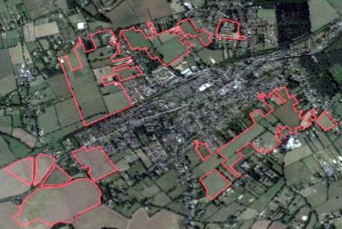 Areas of Four Marks and Medstead that could be built over with housing.