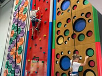 Ukrainian children go up the climbing wall at Alton Sports Centre