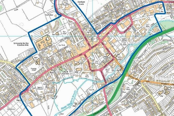 The Farnham Business Improvement area is marked out by the dark blue line