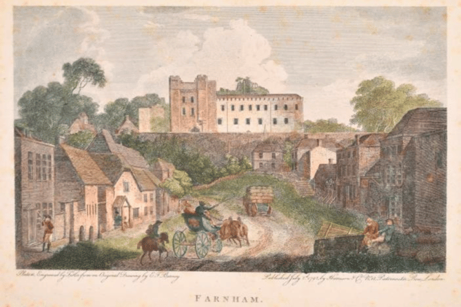 A postcard depicting a few of Farnham Castle in the days when horses and carts, not motor vehicles, still dominated Castle Street