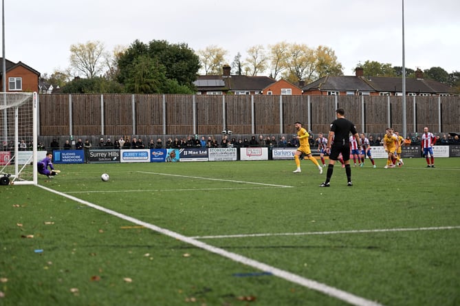 Cian Harries equalises from the penalty spot for Aldershot Town during their 2-1 defeat at Dorking Wanderers