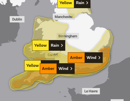 Several weather warnings are now in place for Thursday – including an Amber warning for 'very strong winds' in Hampshire