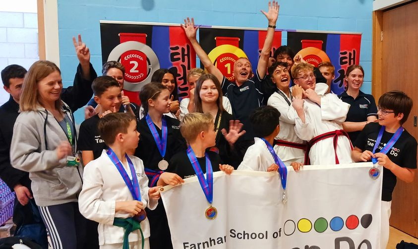 Farnham School of Tae Kwon Do’s jubilant squad and coaches