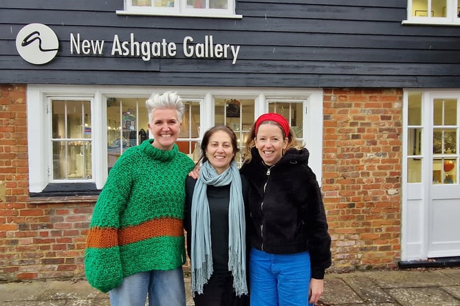 Artists Fiona Pearce, Elizabeth Mikellides and Chloe Scott Moncrieff at the New Ashgate Gallery in Farnham, December 2023.
