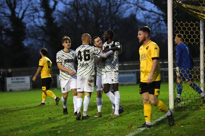 Shamal Edwards is congratulated after scoring Farnham’s second