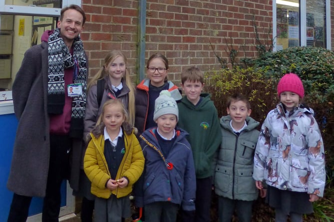 Medstead Primary School headteacher Matt Hunt with some of the pupils who are Young Environmentalists, January 2024.