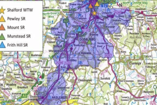 The area affected by water shortages last November, including Haslemere, Godalming and Guildford