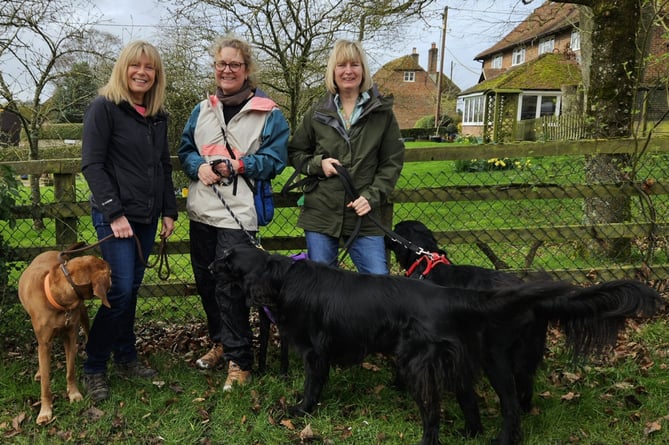 Brenda Clarke, Joanna Earl with Lily the lurcher and Sarah Speller with flatcoat retrievers Dougal and Razzel.