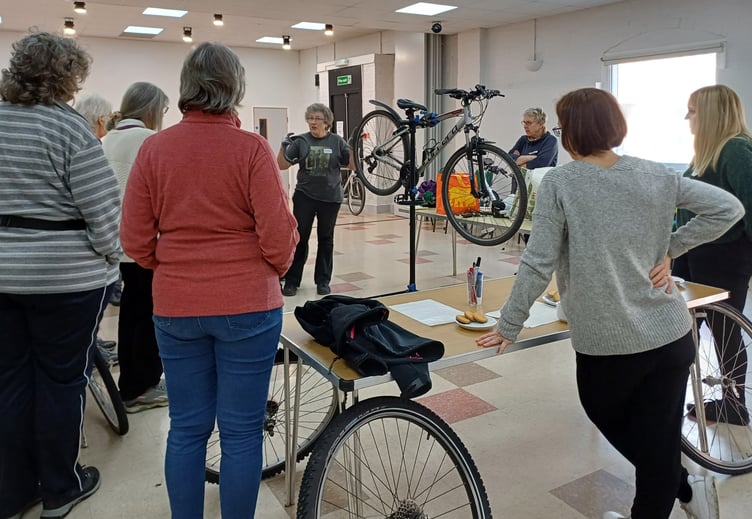 Hilary Hill leads a bicycle maintenance class for women at Alton Community Centre, February 12th 2024.