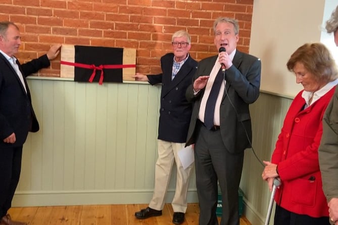 East Hampshire MP Damian Hinds addresses his audience before unveiling a plaque to mark the re-opening of Newton Valence Village Hall on April 19th 2024.