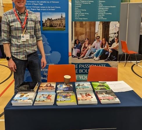 University of Chichester stand, HSDC Higher Education and Employment Fair, Alton College, March 2024.