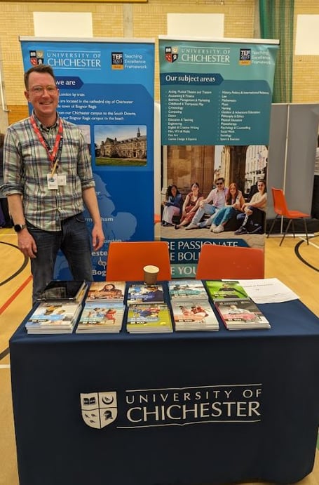 University of Chichester stand, HSDC Higher Education and Employment Fair, Alton College, March 2024.