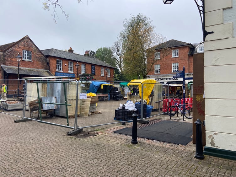 A post-apocalyptic market scene is being constructed in Alton's Market Square