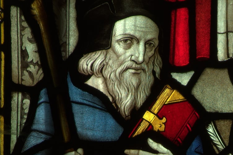 Stained glass window of John Wycliffe in Truro Cathedral