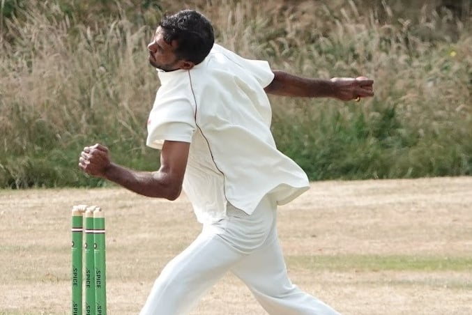 Clanfield bowler Jugal Kinsore in action
