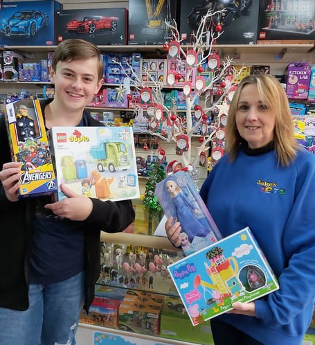 Joe Tully with his mum Julie at Jakes Toys, the shop is a long time supporter of the appeal