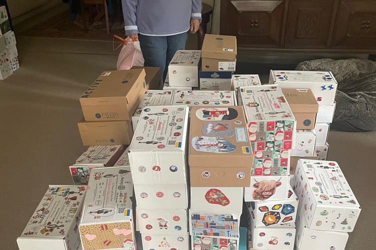 Margaret Lockett with shoe boxes of Christmas presents for children in Ukraine, November 3rd 2024.