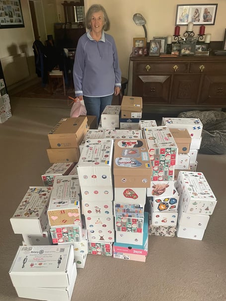 Margaret Lockett with shoe boxes of Christmas presents for children in Ukraine, November 3rd 2024.