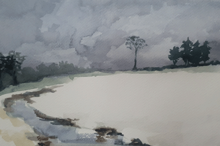 Winter landscape painting.