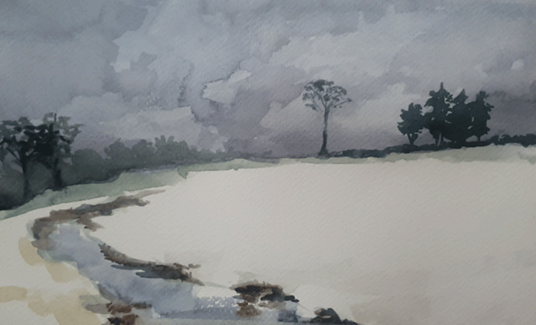 Winter landscape painting.