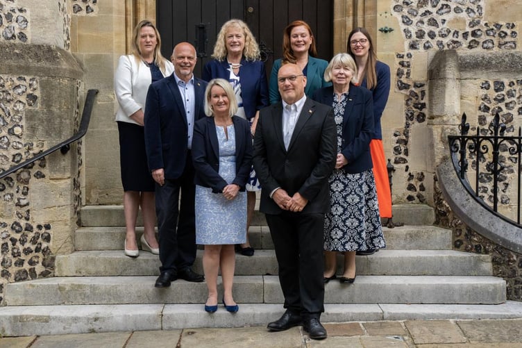 Members of the Hampshire County Council Cabinet: Back row, left to right Cllr Roz Chadd, Cllr Lulu Bowerman, Cllr Zoe Huggins, Cllr Kirsty North; middle row, left to right, Cllr Steve Forster, Cllr Liz Fairhurst; front row, left to right, Cllr Jan Warwick, Cllr Nick Adams-King.