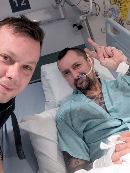 Pawel Koslicki, 45, with best friend Lukasz Dabrowski.  A dad-of-two has been left with a brain injury and several broken bones after a huge motorcycle accident- which shut down part of the motorway for over six hours.  Release date  January 14, 2025.  Pawel Koslicki, 45, sustained critical injuries during the crash on the M25 near Junction 15 for the M4 on November 17.  The accident, involving a red Yamaha motorcycle and a blue Mercedes S350 AMG, led to Pawel being airlifted to the hospital where he remains in serious condition.  Emergency services closed a stretch of the motorway for more than six hours, and Thames Valley Police are appealing for witnesses or anyone with dashcam footage.  The dad and avid motorcyclist has been left with a brain injury, multiple broken bones, and internal damage to his kidney, liver, and lung.   He currently cannot move his right arm, eat or drink unaided, and struggles with memory issues. His best friend of ten years, Lukasz Dabrowski, 41, who lives in Havant, Hampshire, says Pawels condition is improving, but that he may never fully recover. 