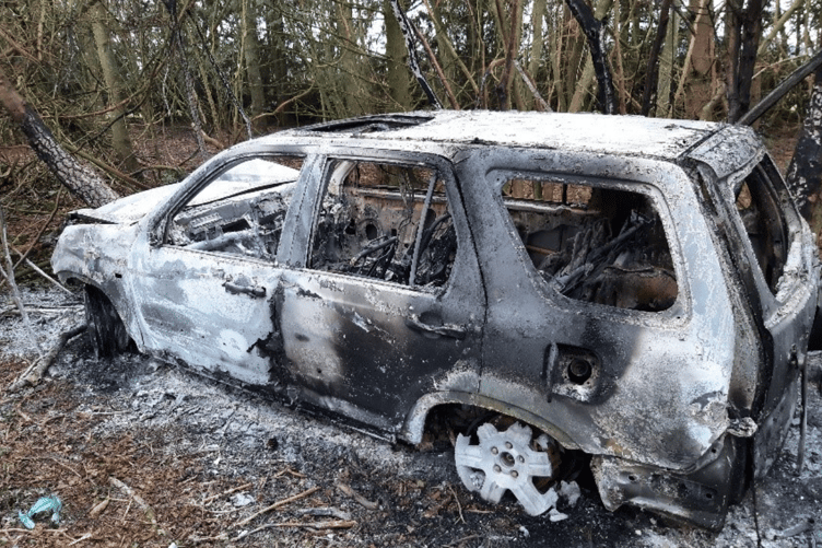 A burnt out Honda was found by Hampshire Police during rural patrols.