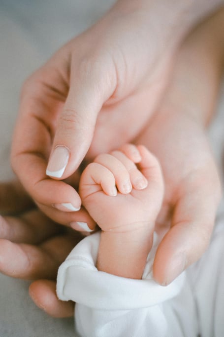 Baby holding parent's hand stock image