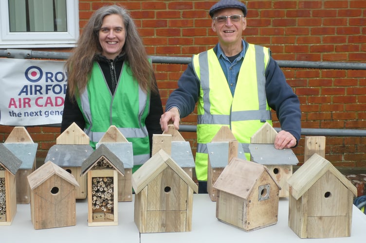 Sarah Gulliford, chair of the Alton Climate Action Network, and Gordon Anderson, chair of Alton Men's Shed, with bird boxes, February 22nd 2025.