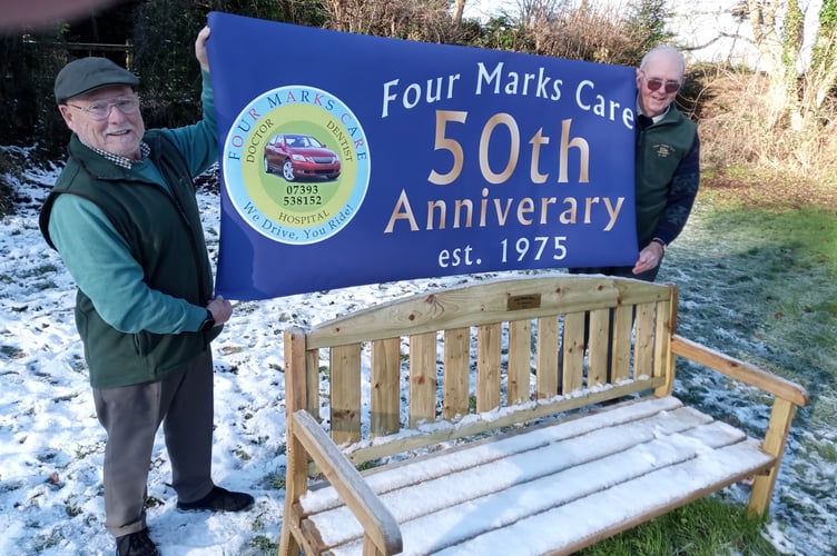 Four Marks Care 50th anniversary bench, Lymington Bottom Green, Four Marks, January 2025.