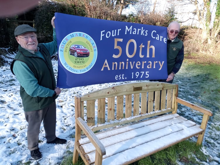 Four Marks Care 50th anniversary bench, Lymington Bottom Green, Four Marks, January 2025.