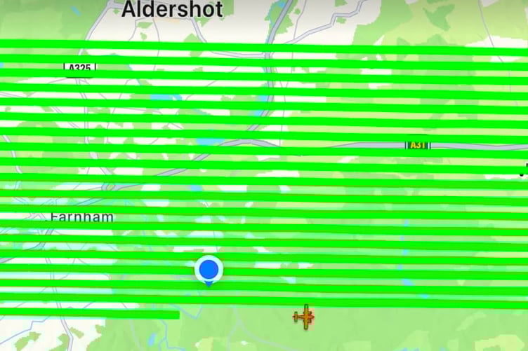 The flight path of the mystery plane that continually flew over Farnham on March 7.