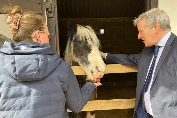 Damian Hinds and pony, Broadlands Equine Therapy and RDA, Lower Paice Lane, Medstead, March 28th 2025.