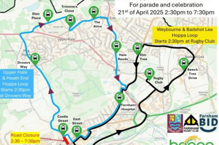 The route for tomorrow's open bus parade in Farnham town centre.