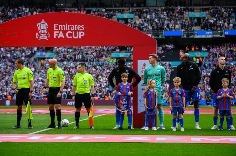LONDON, ENGLAND - APRIL 26: Marc Guehi, Dean Henderson, Jean-Philippe Mateta, Adam Wharton during the Emirates FA Cup Semi Final match between Crystal Palace and Aston Villa at Wembley Stadium on April 26, 2025 in London, England. Photo by Sebastian Frej