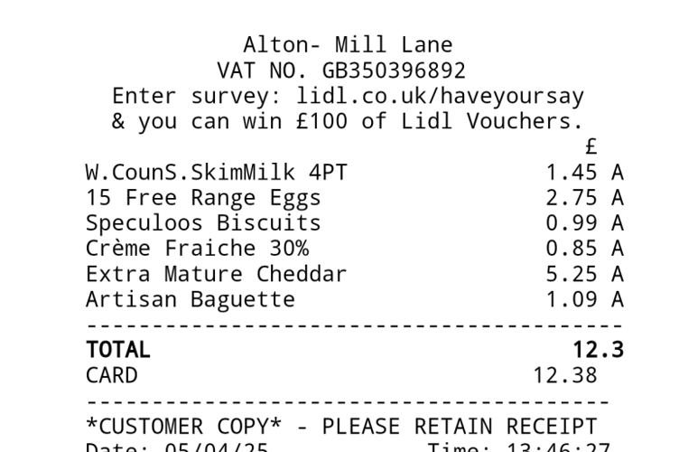 Lidl receipt, April 5th 2025.