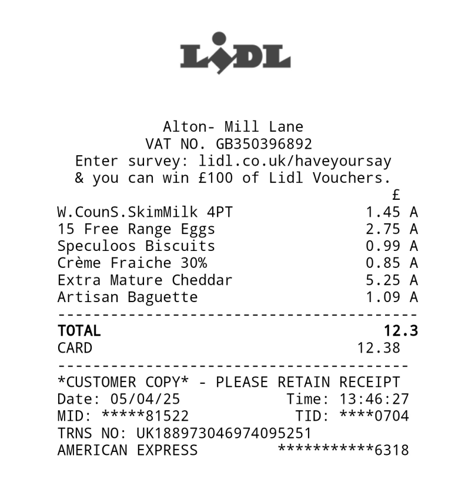Lidl receipt, April 5th 2025.