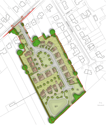 The proposed layout of the 35 houses which Shanly Homes hopes to build behind existing properties in Blackberry Lane, Four Marks, June 2025.