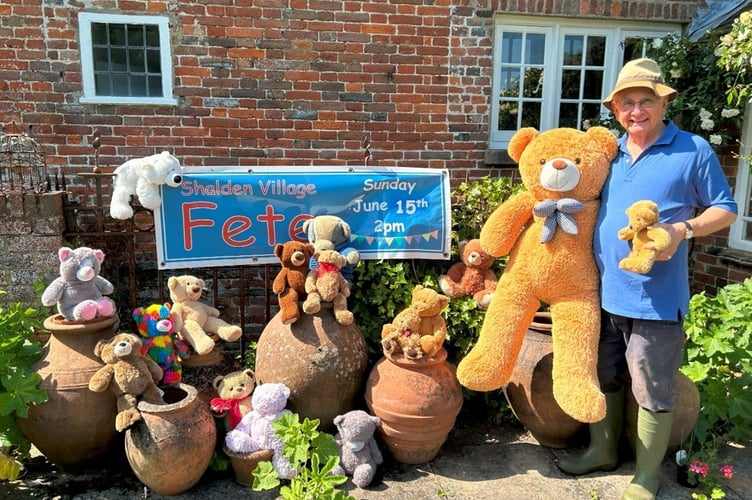 Ian Champness with some of the prizes to be won on the Shalden Fete teddy bear coconut shy, June 2025.
