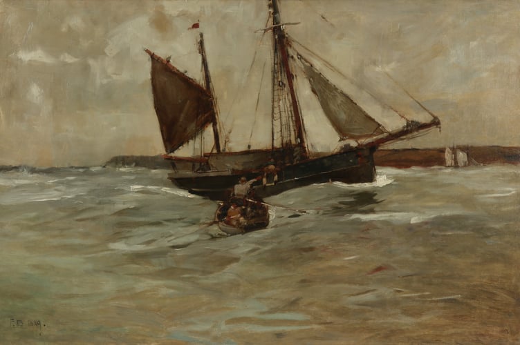 Frank Brangwyn, figures in a rowing boat approaching a fishing boat off the coast