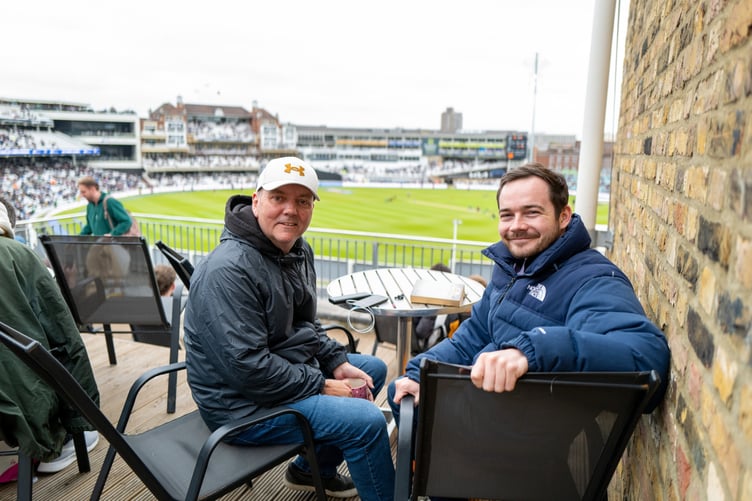 Joe Redmond with his girlfriends dad David Bartley. At Oval Mansions, whoâs residents have access to the balcony overlooking The Oval cricket ground, London, 3rd June 2025 . A flat overlooking The Oval which boasts some of the finest views in English cricket is up for sale for £400,000.The plush properties at Oval Mansions in south London - some of which sell for nearly £1m - are the most coveted in the sporting world due to the building's stunning roof terrace.Tenants are able to invite friends up to watch matches, though limitations are sometimes enforced for the highest-profile games. During the Ashes series between England and Australia, spots on the terrace are so highly sought after that plus ones are limited to just one per flat, with management regularly having to eject those who manage to sneak in.