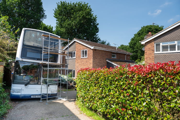 General views of the bus on Wendy Salmonâs drive who is being forced to move her bus from her front garden. Frimley, 13th June 2025  A woman has been slapped with an ASBO and forced to remove a bus being renovated in her drive - after complaints from 'snobby' neighbours it was 'ruining the ambience.' Wendy Salmon parked the vehicle on the drive at the end of a cul-de-sac in a posh Surrey street as she wanted to turn it into a cafe business. But she accused one neighbour of 'rallying' the street against her by complaining. And despite the council accepting she was 'not breaking any laws' she has been hit with a CPN and ordered to remove it by 20 June following a bitter two year legal battle.