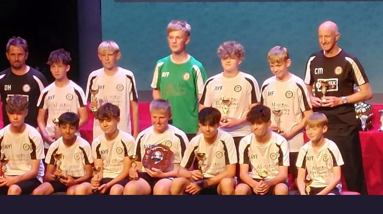 Alton Fireballs under-13s show off their trophies and the championship shield at the North East Hants Youth League awards night, June 19th 2025.