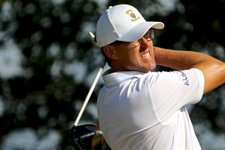 Cowdray Park's former Blackmoor member Steve Mitchell teeing off at the 15th in Hampshire's South East League match with Sussex (Photo: Andrew Griffin/AMG PICTURES)