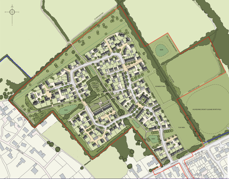 Redbrown plan for 160 houses on fields in Holybourne, July 2nd 2025.