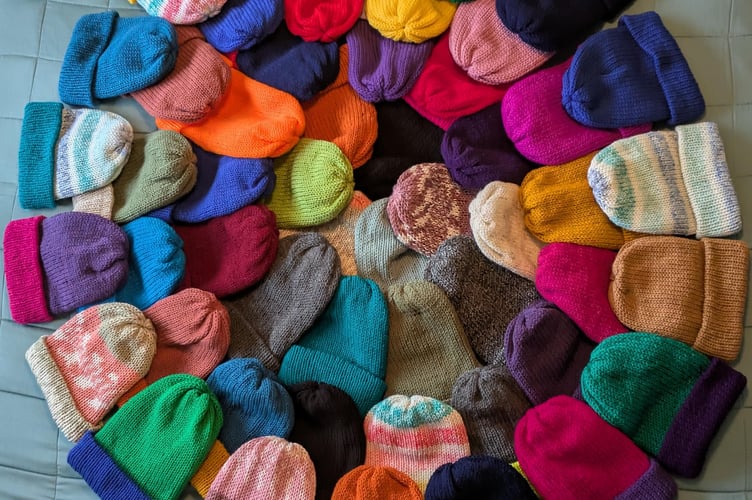 The 52 woolly hats knitted by Sharon Woodward of Alton.