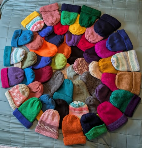 The 52 woolly hats knitted by Sharon Woodward of Alton.